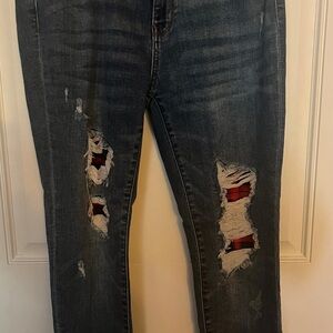 Judy Blue Dark Wash Skinny Jeans with Plaid Accents